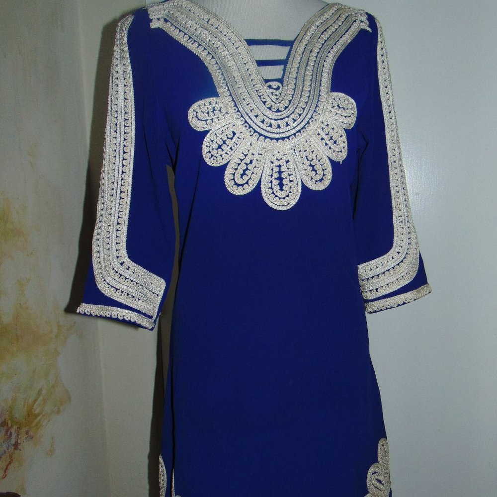CAMILLA TREE Royal Blue Embroidered Resort Beach Tunic Shift Mini Dress Sz Small